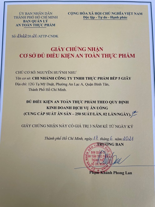 Chứng nhận VSATTP - Suất Ăn Công Nghiệp Bến Lức (An Lạc Phát) - Công Ty TNHH Thực Phẩm Bếp 5 Giây